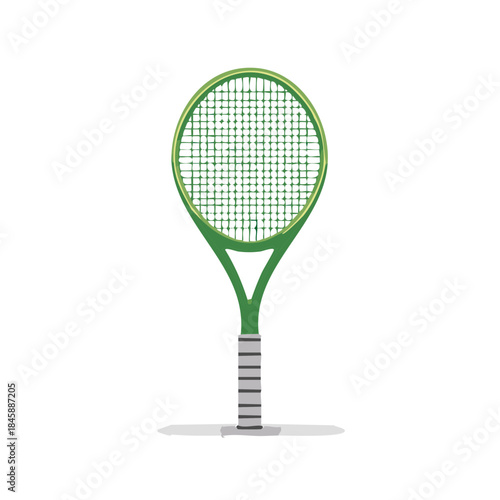 Isolated green tennis racket with strings ready for athletic competition on a white background.