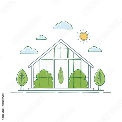 Minimalist Greenhouse Illustration with Bushes, Sky, and Sun