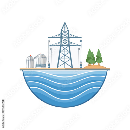 Power Line Tower Near Water Reservoir and Trees Energy Infrastructure Concept Illustration