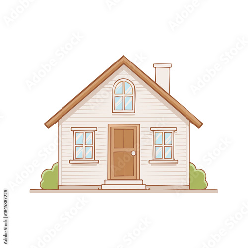 Cute cartoon house illustration. Cozy home vector. Single detached house with wooden door and windows. Cottage drawing.