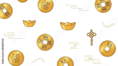 Seamless pattern of Chinese coins and ingots on white background