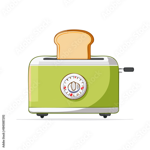 Cartoon Green Toaster with Bread Slice Preparing a Breakfast Food Illustration