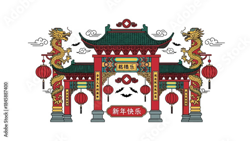 Traditional Chinese Temple Gate with Dragons and Lanterns Illustration
