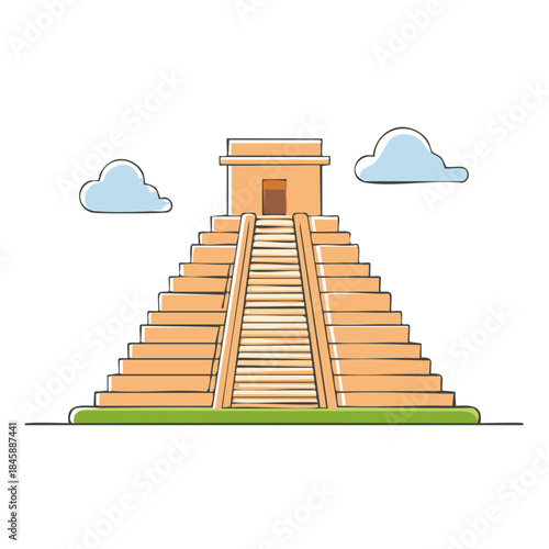 Ancient Pyramid Illustration with Steps and Clouds against a White Background