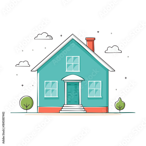 Charming Teal House Illustration with Simple Design, Surrounded by Greenery and Fluffy Clouds, Perfect for Real Estate and Family Themes