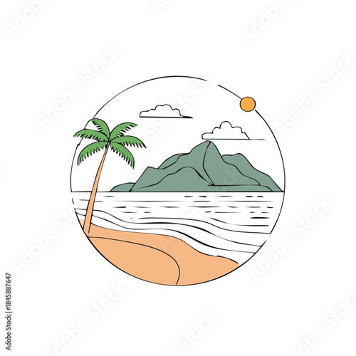 Tropical Beach Scene with Palm Tree, Mountain, Ocean, and Sunshine, Vector Illustration