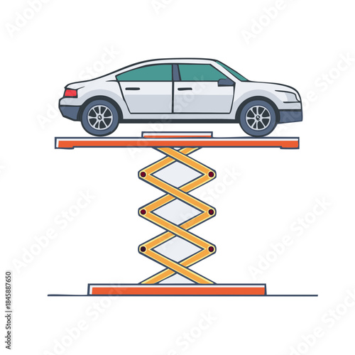 Automobile maintenance illustration: Car on scissor lift for repair, flat design style with outline