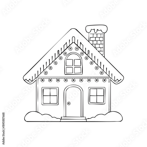 Festive holiday gingerbread house outline with snow covered roof and chimney