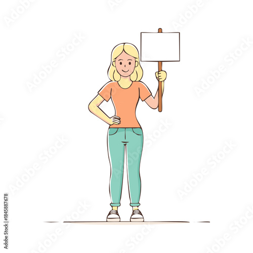 Woman holding blank protest sign illustration for demonstrations and political messages