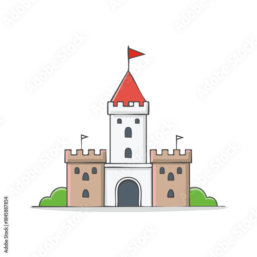 Stylized Illustration of a Castle with Towers and Red Roofs Fairy Tale Fantasy Building