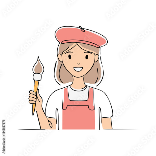 Female Artist holding Paintbrush with Beret in Overalls Smiling Happy Drawing Painting