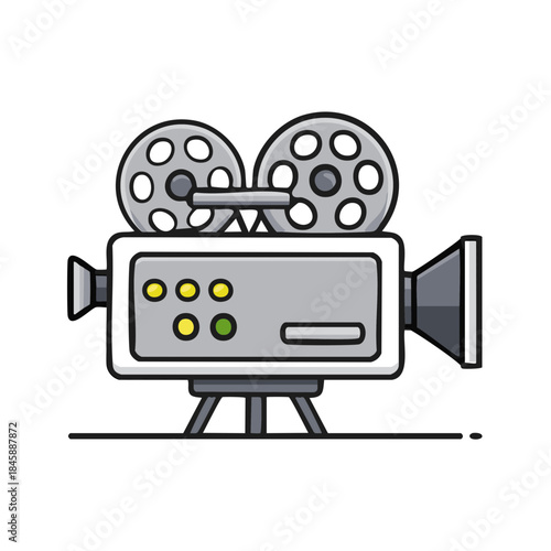 Retro Movie Camera Icon: Cartoon Illustration of Vintage Film Recorder, Entertainment Symbol, Media Technology on White Background