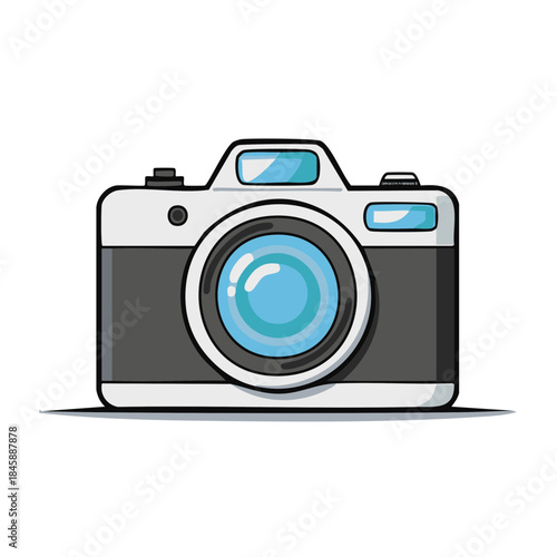 Illustration of a retro style camera featuring black and white color scheme with light blue lense for photography concepts