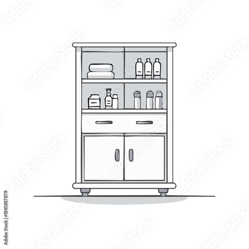 Vector illustration of a storage unit with bottles, jars and drawers on shelves