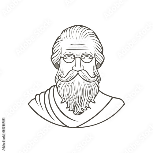 Bust of an elderly philosopher with glasses and a beard in a toga, sculpted in the style of antiquity line art illustration
