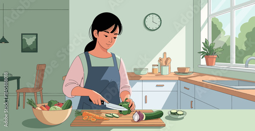 A young woman chops vegetables on a wooden cutting board in the kitchen as part of cooking and home chores.