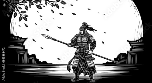 Samurai Warrior Standing Proudly Holding a Spear.