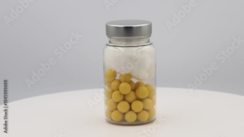 A close-up shot of a transparent glass medicine bottle with a shiny silver cap, slowly rotating on a white turntable against a neutral light grey background. 