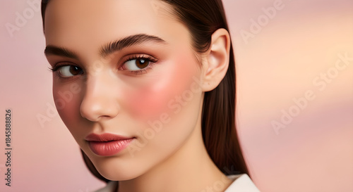 Woman with pink blush on cheeks and subtle lipstick. Close-up beauty portrait of fresh makeup look. Cosmetics and natural fashion concept for self-care and daily style.
