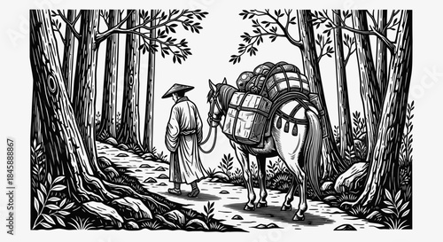 Man and Pack Animal Journeying Through Forest.