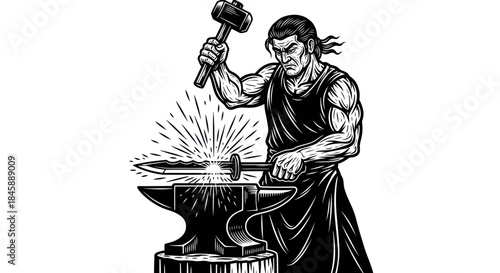 Blacksmith forging a sword on an anvil with hammer and sparks.