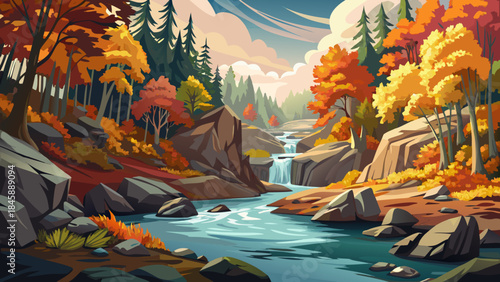 Very beautiful autumn forest scene at Blackwater Falls State Park, colorful foliage, flowing stream, textured rocks, and tranquil atmosphere illustrated in a refined vector landscape style.