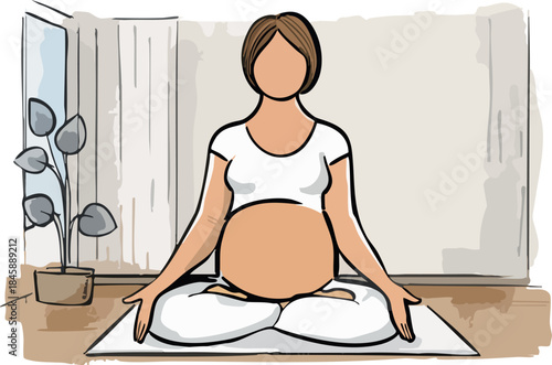 A calm illustration shows a pregnant woman sitting cross-legged in a meditative prenatal yoga pose inside a serene home interior.