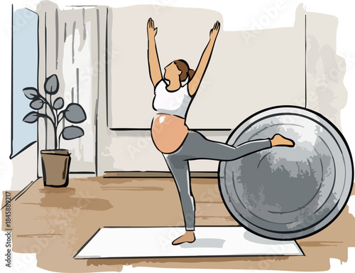 A stylized illustration shows a pregnant woman practicing a balanced yoga pose with raised arms while using an exercise ball for support in a calm home setting.