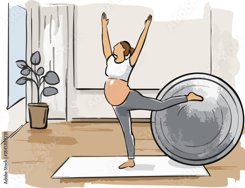 A stylized illustration shows a pregnant woman practicing a balanced yoga pose with raised arms while using an exercise ball for support in a calm home setting.