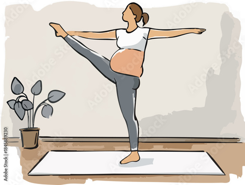 A minimalist illustration shows a pregnant woman practicing a balanced standing prenatal yoga pose with one leg lifted in a calm indoor setting.