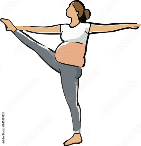 A stylized illustration shows a pregnant woman performing a prenatal yoga balance pose with one leg lifted high and arms extended against