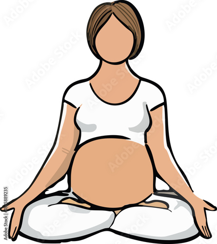 A clean flat illustration shows a pregnant woman sitting cross-legged in a calm meditation pose against