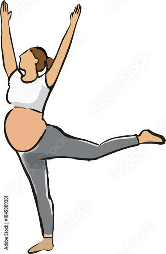 A minimalist flat illustration depicts a pregnant woman practicing a balanced yoga pose with one leg extended and arms raised against