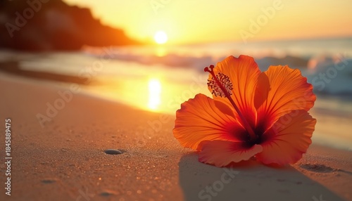 Close up of orange hibiscus flower on sandy beach at golden sunset. Ocean waves blur in background. Warm light illuminates tranquil tropical seaside scene.