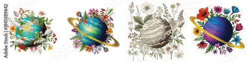 4 Set of Beautiful Planet with Vintage Botanical Flowers and Surelialism Art
