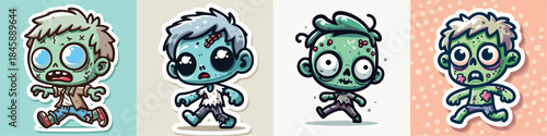 4 set of Cute Chibi Zombie Boy with Stitches Walking Cartoon Sticker