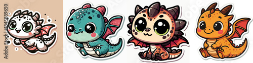 4 set of Cute Chibi Baby Dragon Mermaid Hybrid Kawaii Character Sticker