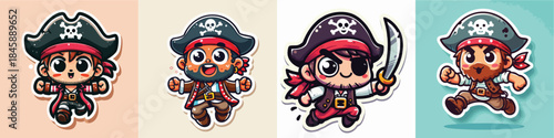 4 Set of Cute Chibi Pirate Captain with Skull Hat and Beard Cartoon Sticker