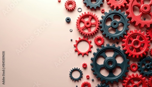 Red, grey gears arranged on light surface. Machine parts connect, interact. Represents mechanical systems, teamwork, industrial processes. Think of manufacturing engineering concepts. Small © miss irine