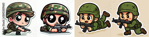 4 set of Cute Chibi Soldier Boy in Camouflage Military Uniform Sticker