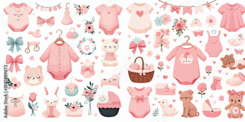 Adorable Baby Nursery Clipart Collection with Pink Outfits, Rabbits & Flowers
