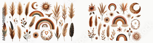 Boho Earthy Elements Illustration with Sun, Moon, Flowers & Pampas Grass