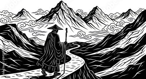 Monks Journey: A Solitary Figure Amidst Majestic Mountains.