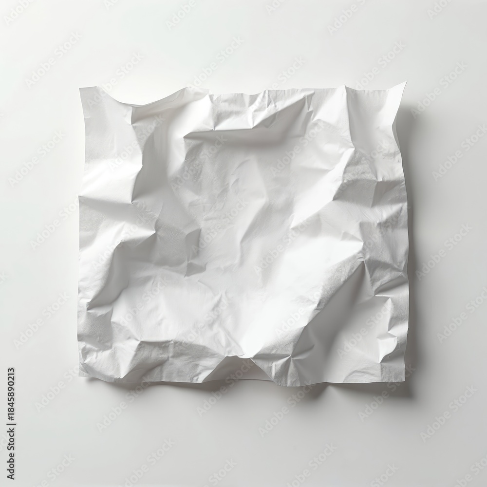 Obraz premium Crushed white paper sheet rests on white surface. Textured crumpled material has soft shadows, creating depth. Blank surface allows for copy space. Simple background composition.