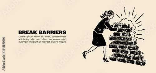 Hand drawn doodle illustration of a determined business woman breaking down a brick wall to achieve female equality