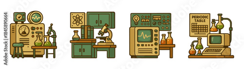 Retrofuturistic laboratory interiors cartoon icons set, science workstations equipment