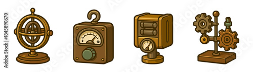 Steampunk science decor cartoon icons set, orrery gauges gears
