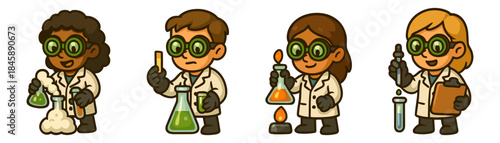 Young chemists cartoon characters set, kids experiments flasks burners
