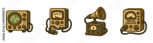 Retrofuturistic signal analyzers cartoon icons set, oscilloscopes meters gramophone