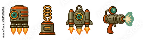 Retrofuturistic rocket gadgets cartoon icons set, jetpacks rayguns thrusters